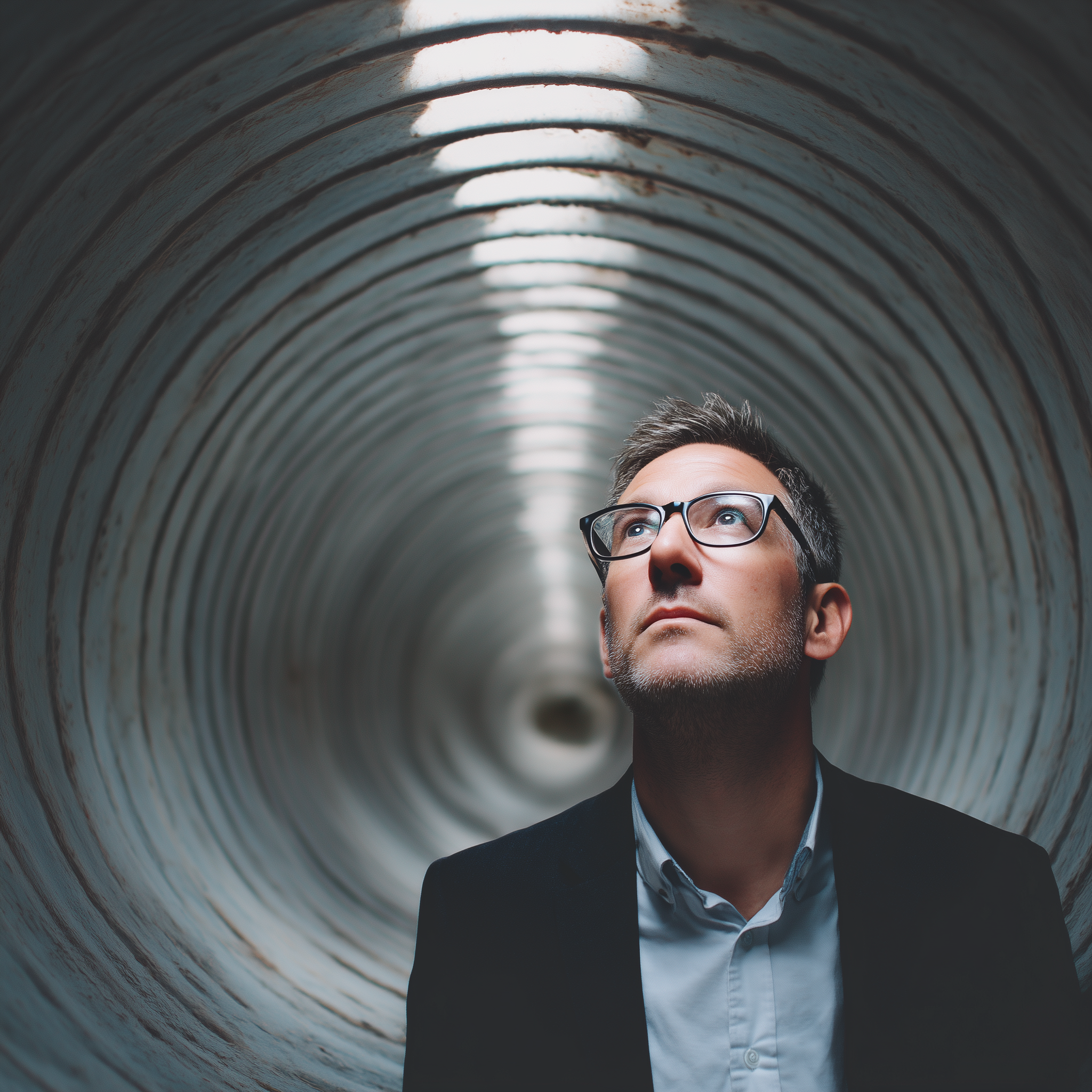 Get_Unstuck_From_Tunnel_Vision_Thinking Man in Tunnel looking up - How do I get out of here