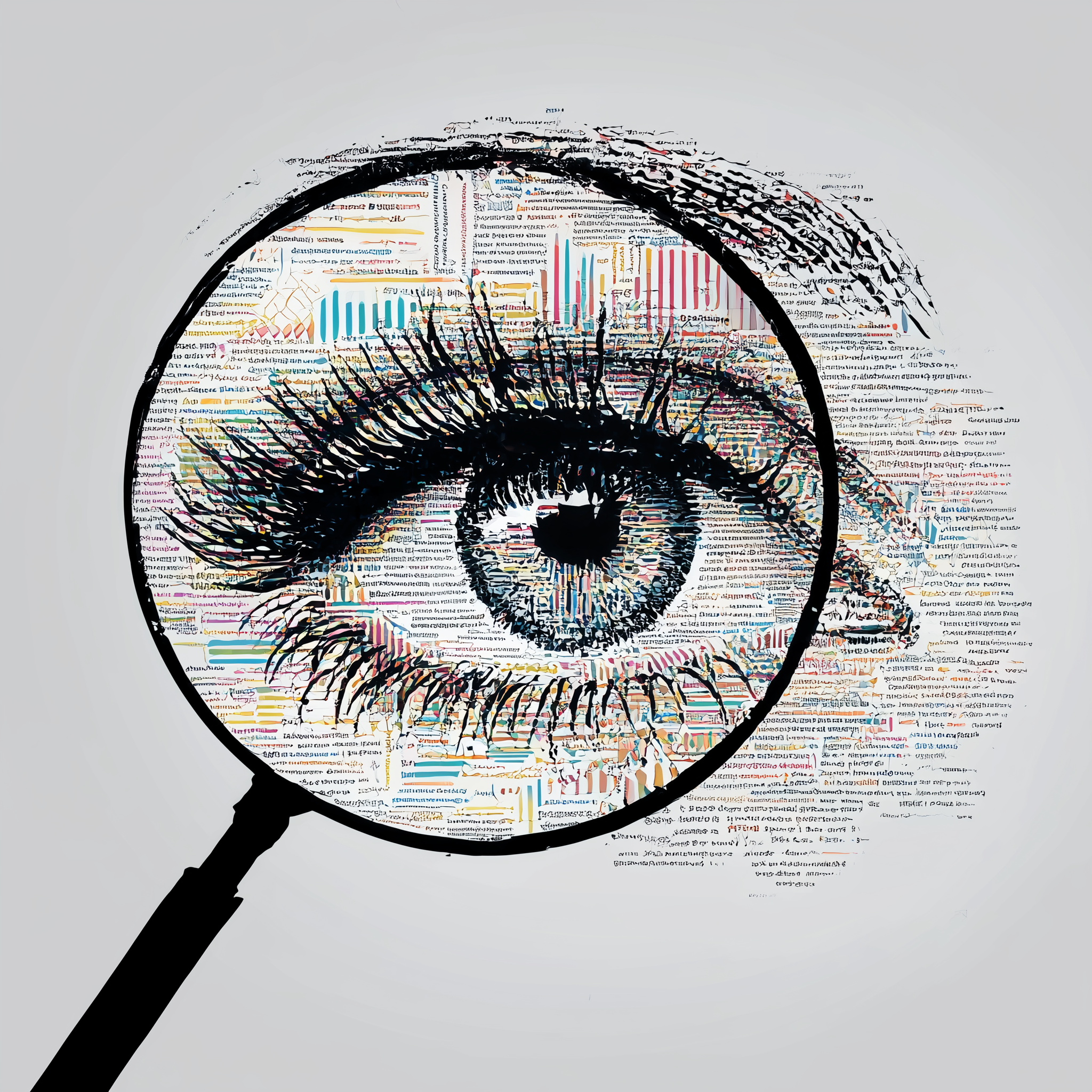 analyzing beyond the surface eyeball behind a magnifying glass defined by bits of data
