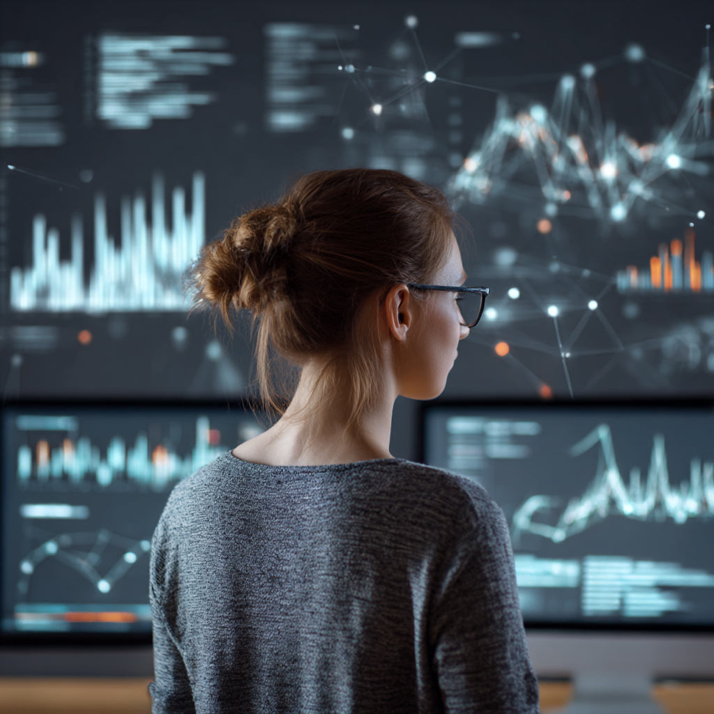 Woman staring at data trying to connect all the dots